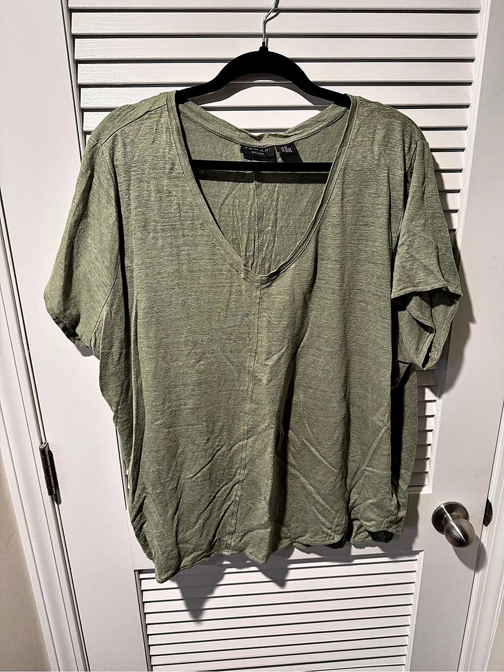 Tahari 100% Linen V-Neck Short Sleeve Top Green Size 3X